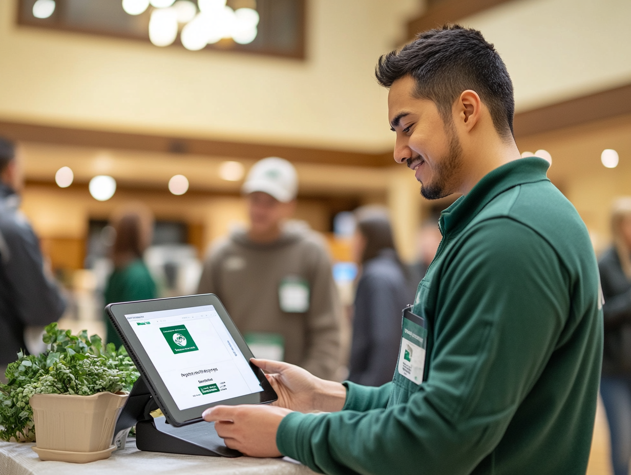 Coordinator at event check-in with QR code tablet