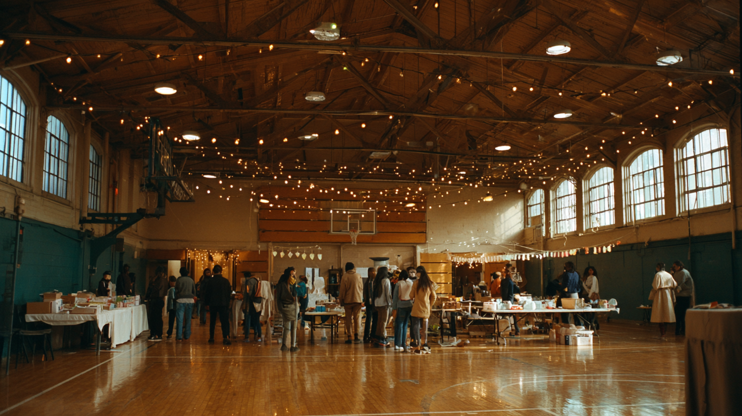 Warmly lit school gymnasium with parents setting up a volunteer event
